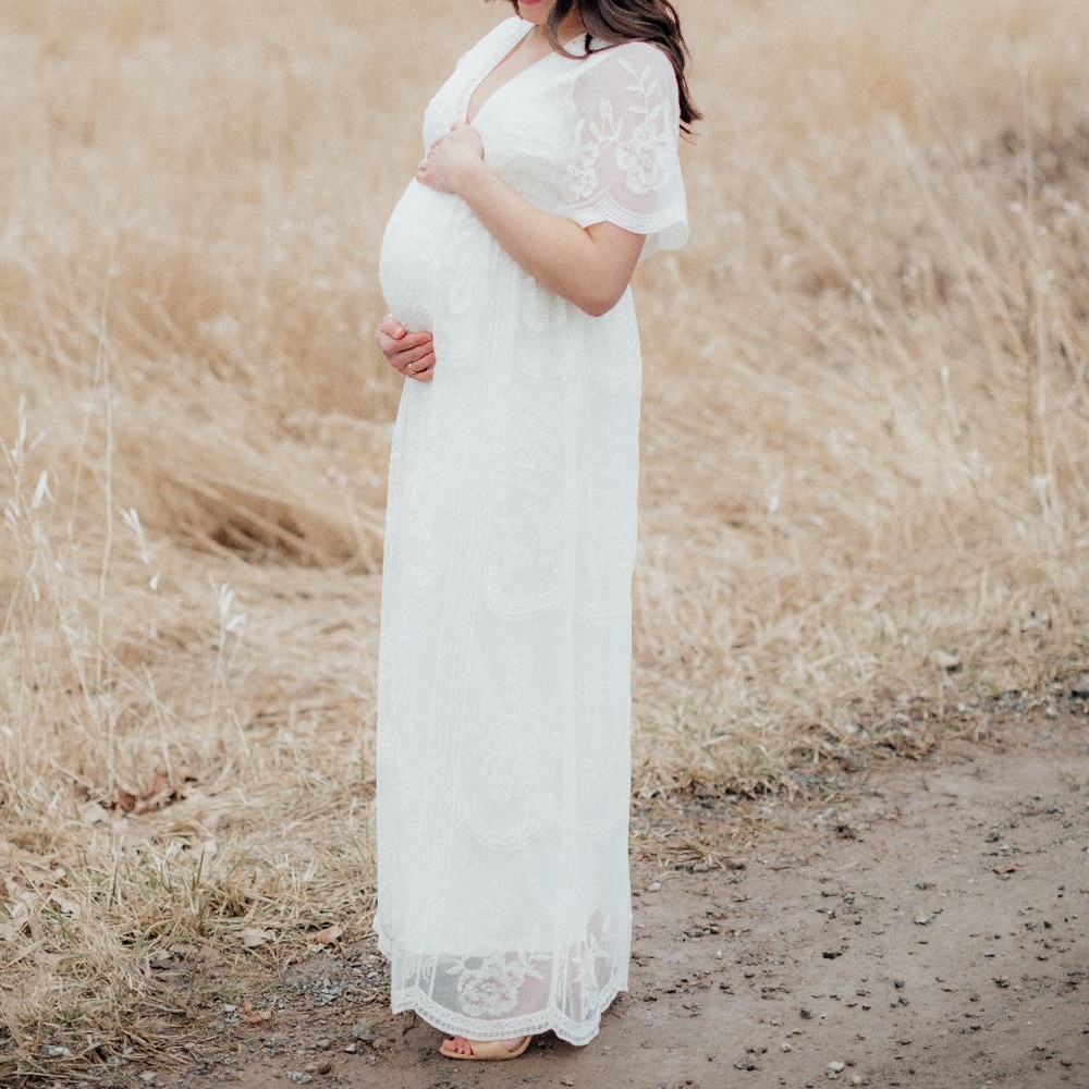 Pinkblush Cream Lace Mesh Overlay Maternity Maxi Dress